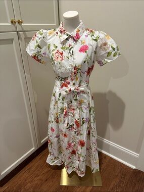 Blu Pepper White Floral Button-Front Midi Dress with Tie Waist
